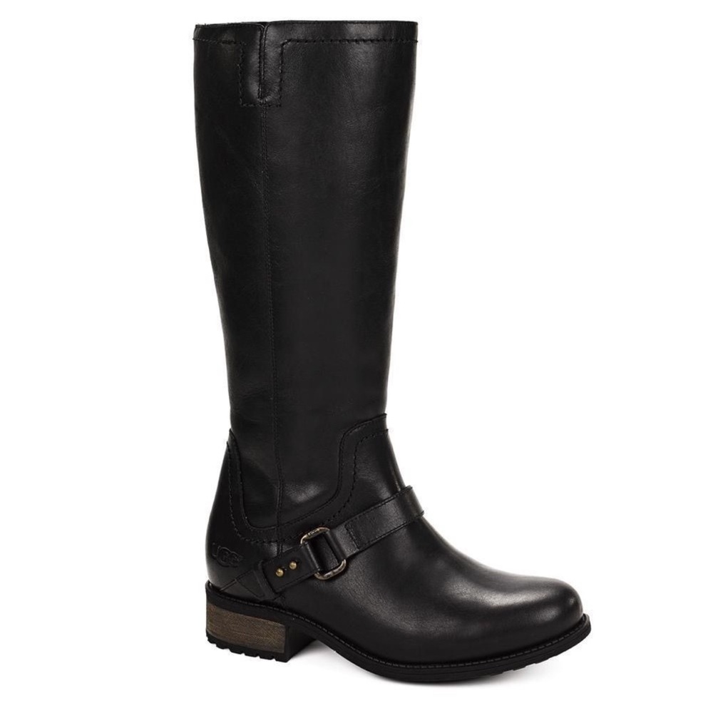 UGG Black Leather Riding Winter Dahlen Boot Wool Sheep Fur Lined Interior Sz 10